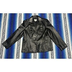 east5th Women's XL Genuine Leather Blazer Jacket Black Button Front Coat